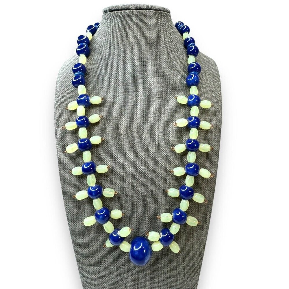 Vintage Green Uranium Glowing Glass Blue Ceramic Bead Necklace 21.5” Hook Clasp